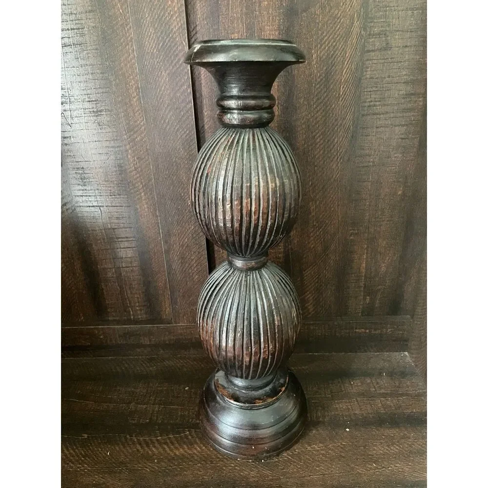 Vintage Hand Carved Wooden Floor Candle Holder | Rustic Ribbed Candlestick boho